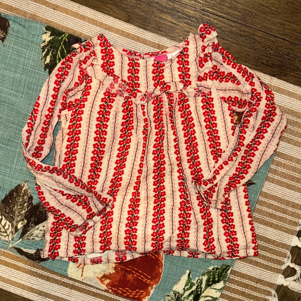 Mini Boden Cotton Red Floral Print Long Sleeve Ruffle Accent Top Size 4-5Y